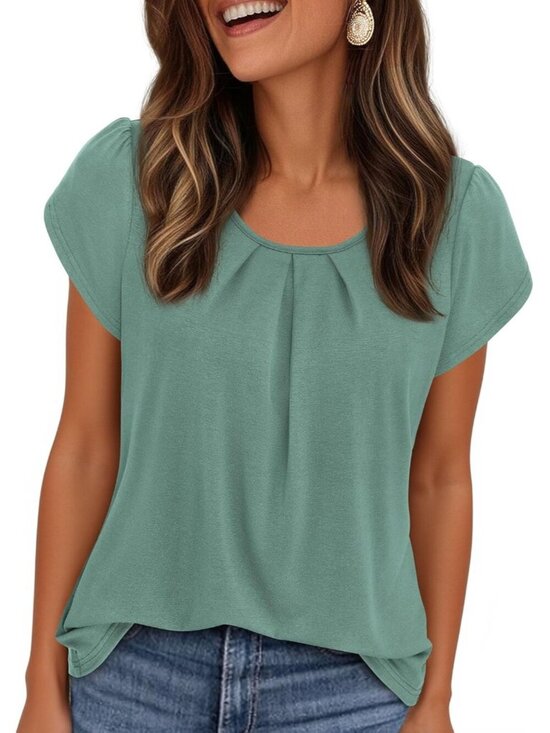 Tops - Women's Sage Green Short Sleeve Pull On Crew Neck Casual Tops Imported T Shirts